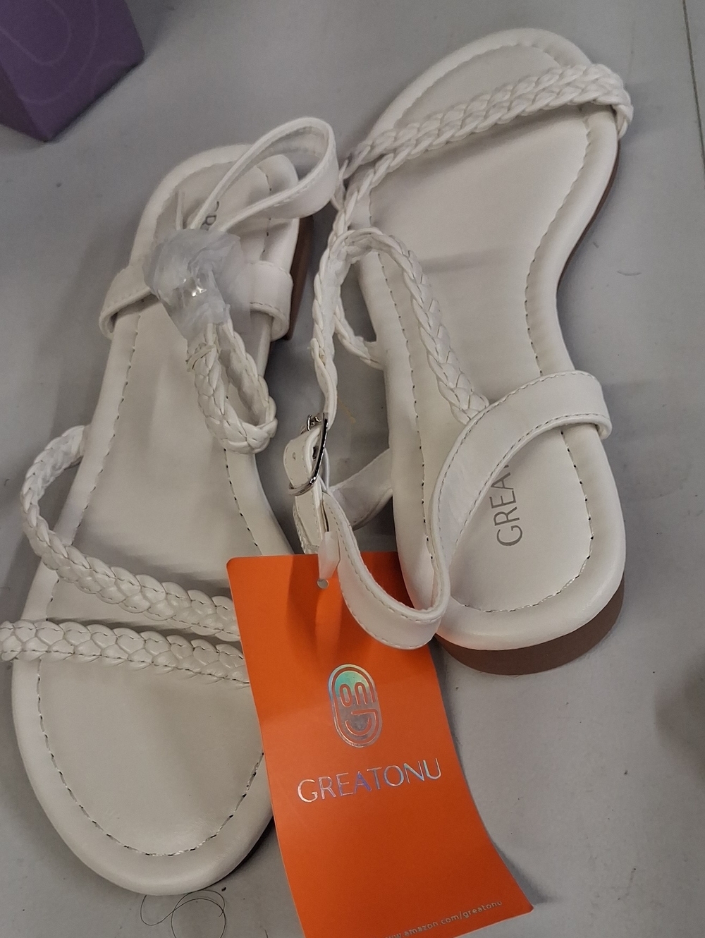 NWT Greatonu White Braided Strap Ankle Buckle Sandals